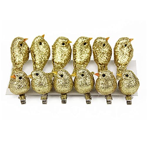 12Pcs Gold Glitter Artificial Foam Bird, Mini Birds Xmas Tree Ornaments, Vivid Birds Clip for WeddingHome Garden Party