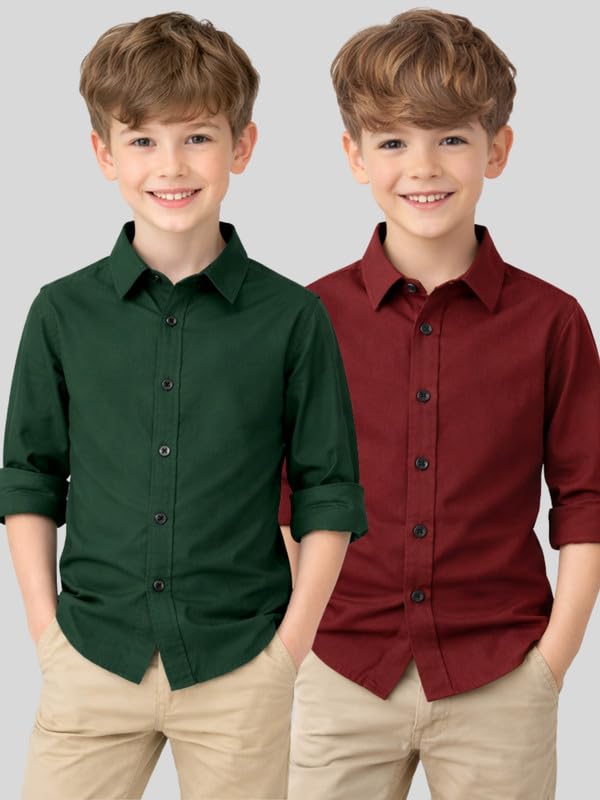Image of YYQ Pack of 2 Boys Solid Cotton Blend Shirts - Full Sleeve Casual, Soft & Comfortable Spread Collar Shirts for Boys