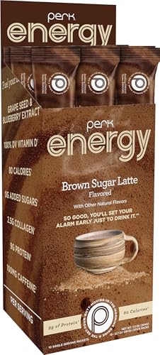 Image of Perk Energy Drink Mix (Brown Sugar Latte) 10 Stick Packs, Gluten-Free | Caffeinated Healthy Coffee Alternative with Protein, 100mg of Caffeine, Peanut-Free