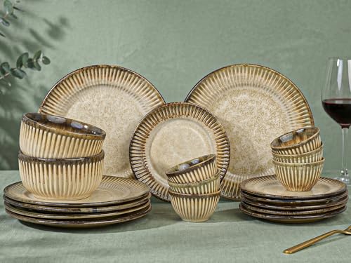 Image of Bodhi House Premium 20-Piece Stoneware Dinner Set Serving for 6 - Handcrafted Ceramic Plates, Bowls & Serving Bowls | Microwave & Dishwasher Safe | Elegant Modern Tableware Crockery Rustic Sand Beige