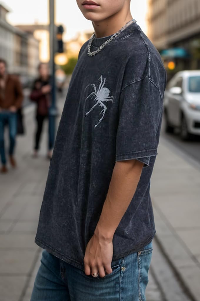 EMMIOL Men's Spider Graphic Grunge T Shirts Crew Neck Loose Fit Tees Solid Streetwear Cotton Tops Vintage Design - Image 4