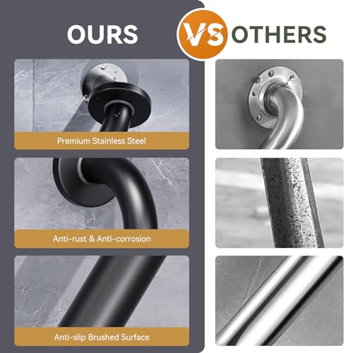 Image of AmazerBath Shower Grab Bars for Seniors Anti Slip, Bath Safety Grab Bar for Needy, Stainless Steel Bathroom Safety Grab Bars, Thickened Bar Bigger Base Holds 500LBS, 16 inch L x 1 inch D, Black