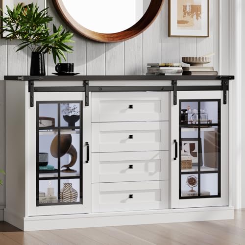Vabches 4 Drawers Storage Cabinet with 2 Sliding Glass Door, 47