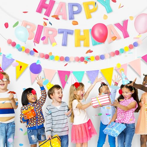 Image of CANREVEL Pre-Strung 3D Happy Birthday Banner, 3 PCS Happy Birthday Felt Garland, Pom Pom Garland, Triangle Fabric Garland Bunting, Reusable Birthday Decorations for Women Men Girls Boys, Pastel Candy