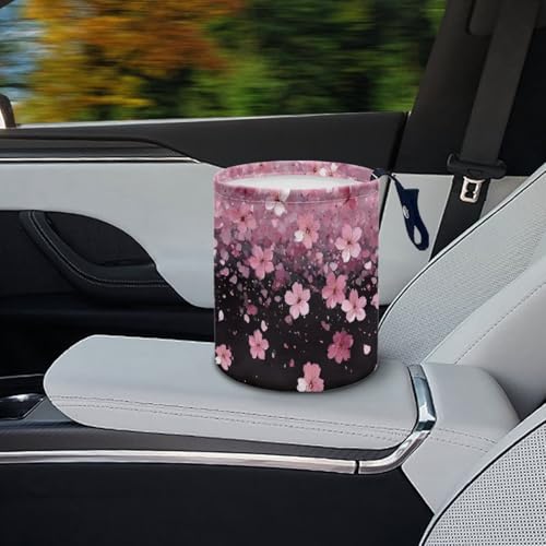 Image of Pink Cherry Blossom Print Mini Car Trash Bin with Adjustable Buttons Car Garbage Can Multipurpose Car Storage Bag Collapsible Reusable
