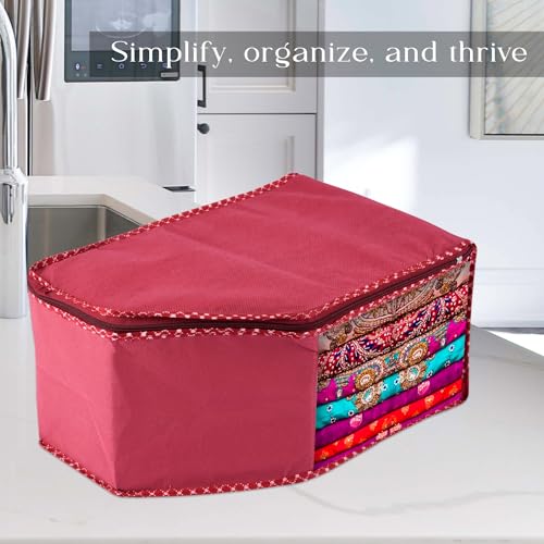 Image of Urbane Home Blouse Cover | Clothes Storage Bag | Zipper Wardrobe Organizers | Non-Woven Clothes Organiser | Side Transparent Blouse Organizer | Dot Border | Pack of 6 | Maroon