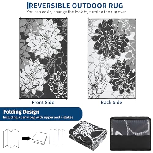 Garvee Outdoor Rug 9x12 Reversible Modern Floral Patio Rug Waterproof & Washable Outside Carpet, UV Weather Resistant RV Camping Mat, Durable Plastic Outdoor Carpet for Garden Yard, Black by Garvee - Image 4