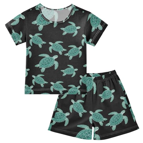 ALAZA Turtle Green Black Cute Pajamas Short Sleeve 2 Piece Sleepwear Top and Bottom Pajama Set Unisex