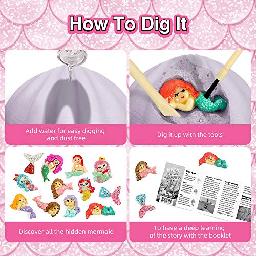 Byncceh Meerjungfrau Ausgrabungsset für Kinder-Großes Schatzkiste Ausgrabungsset mit 12 Meerjungfrau-Spielzeugen und 5 Aufklebern-Geburtstagsgeschenk & Party-Dekoration, Alter 6-12 Jahre