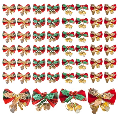 MrMrKura 48 Pcs Mini Bows with Bells, Christmas Ornaments Hanging Bows Bulk for Gift Wrapping for Wreaths Party Birthday Wedding Home Decor