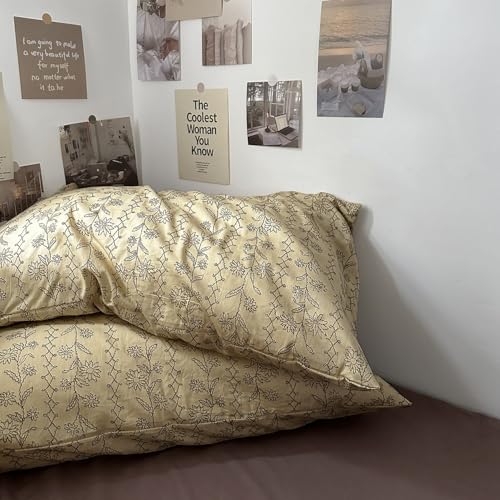 Image of MKXI Beige & Brown Vintage Floral Duvet Cover Set Twin Size - 3 Piece Soft&Breathable Boho Bedding Set with Geometric Patterns, 100% Cotton Aesthetic Duvet Cover with Zipper Ties & Pillowcases