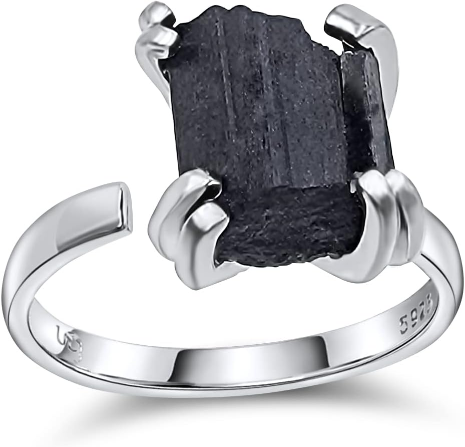 Natural raw gemstone adjustable finger ring with white gold over 925 sterling silver, perfect birthstone gift for her, Uniquelan Jewelry