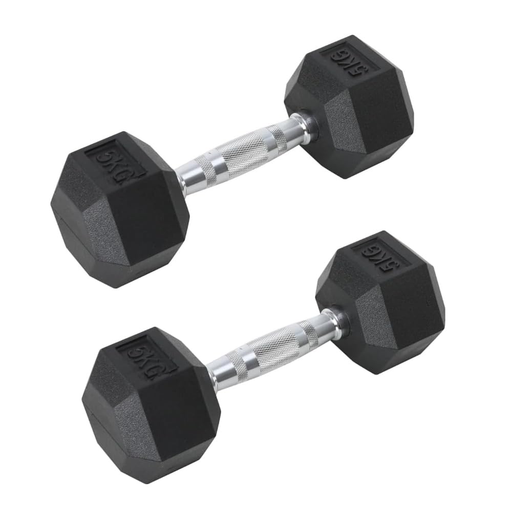 Para gumowanych hantli sześciokątnych, zestaw 2 sztangi 5 kg z ergonomicznym chromowanym uchwytem