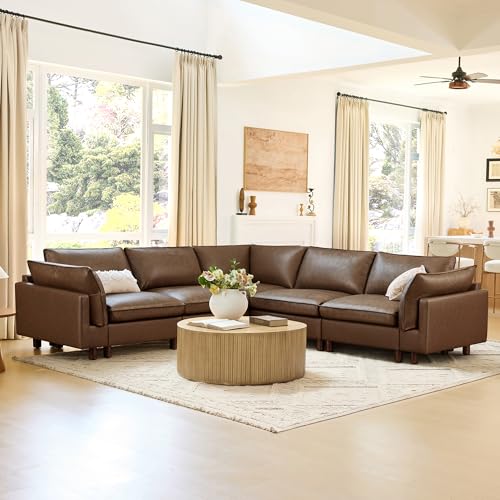 Image of CHITA 118 inch Leather Super Large Sectional Couches for Living Room, Modular Sofa, Premium Genuine Leather Sofa, Down Filled, High Density Foam, Real Leather in Coffee Brown, 5 Seat Corner Couch