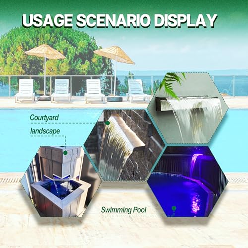 Longrun 60cm Teich Wasserfall Set, 304 Edelstahl Pool Wasserfall Brunnen mit RGB Bluetooth LED und Fernbedienung, Breite 15cm