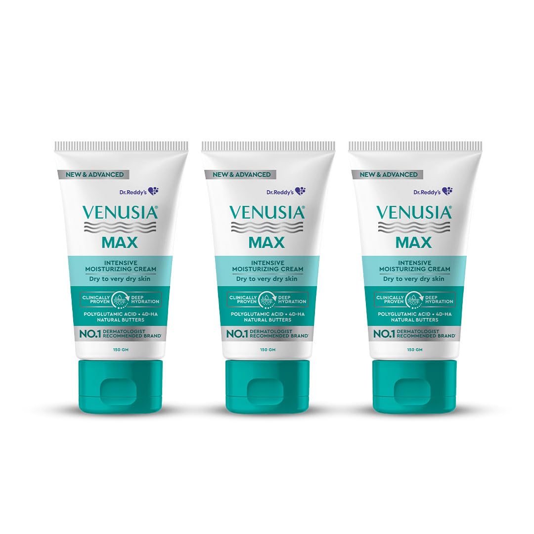 Dr. Reddy's Venusia Max Intensive Moisturizing Cream | Dermatologist Recommended for Dry to Very Dry Skin | Clinically proven for up to 24 hrs. Moisturization | For Face & Body | Cocoa Butter, Mango Butter & Aloe Butter | 150 g (Pack of 3).