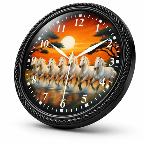 Image of 10 Inch-7 Running White Horses Wall Clock 10 Inch | Vastu Positive Energy Horse Clock for Living Room, Office, Shop & Reception | HD Printed Analog Wall Clock with Adhesive Hook