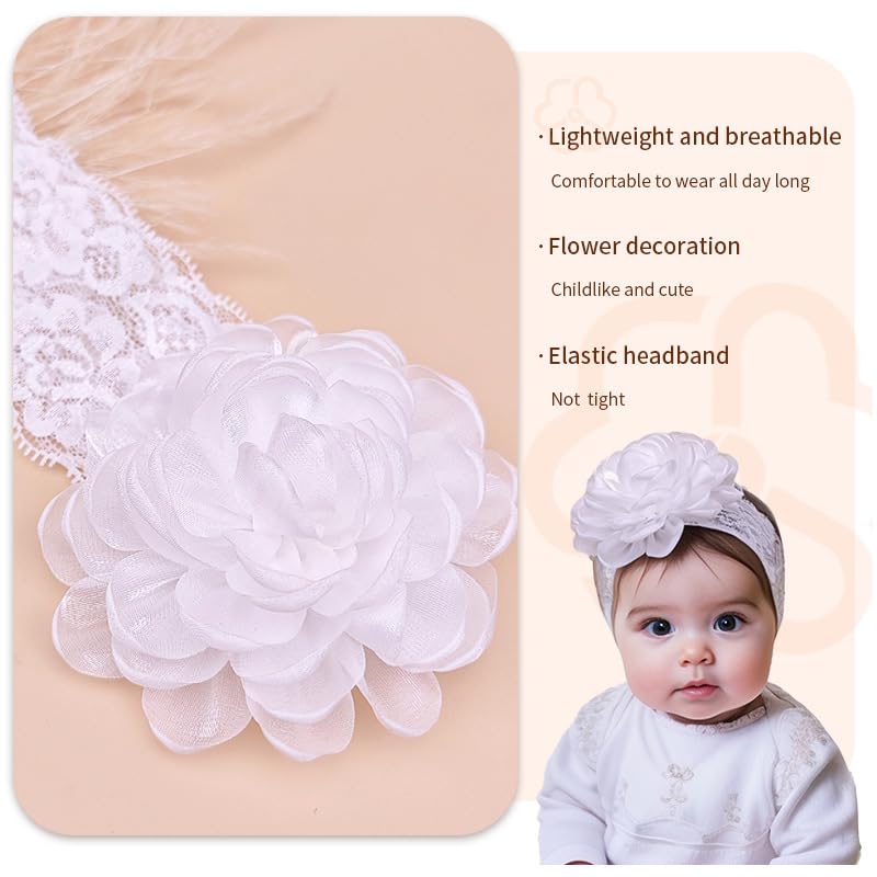 White Lace Christening Headband for Baby Girl Soft Cotton Flower Baptism Toddler Elastic Hairband Bow Newborn Infant Hair Accessories for Birthday Party (White 3, Standard size) - Image 5