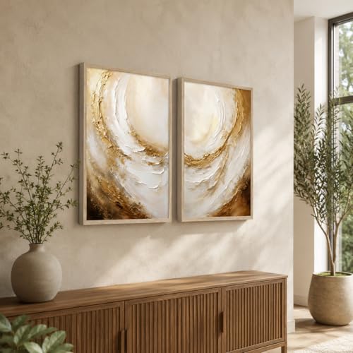 Image of Livin'luxe Set of 2 Golden Abstract Swirl Wall Photo with Frame for Living Room Bedroom Hall Office Decor, Premium Wooden Synthetic Frame Luxury Artwork Gift