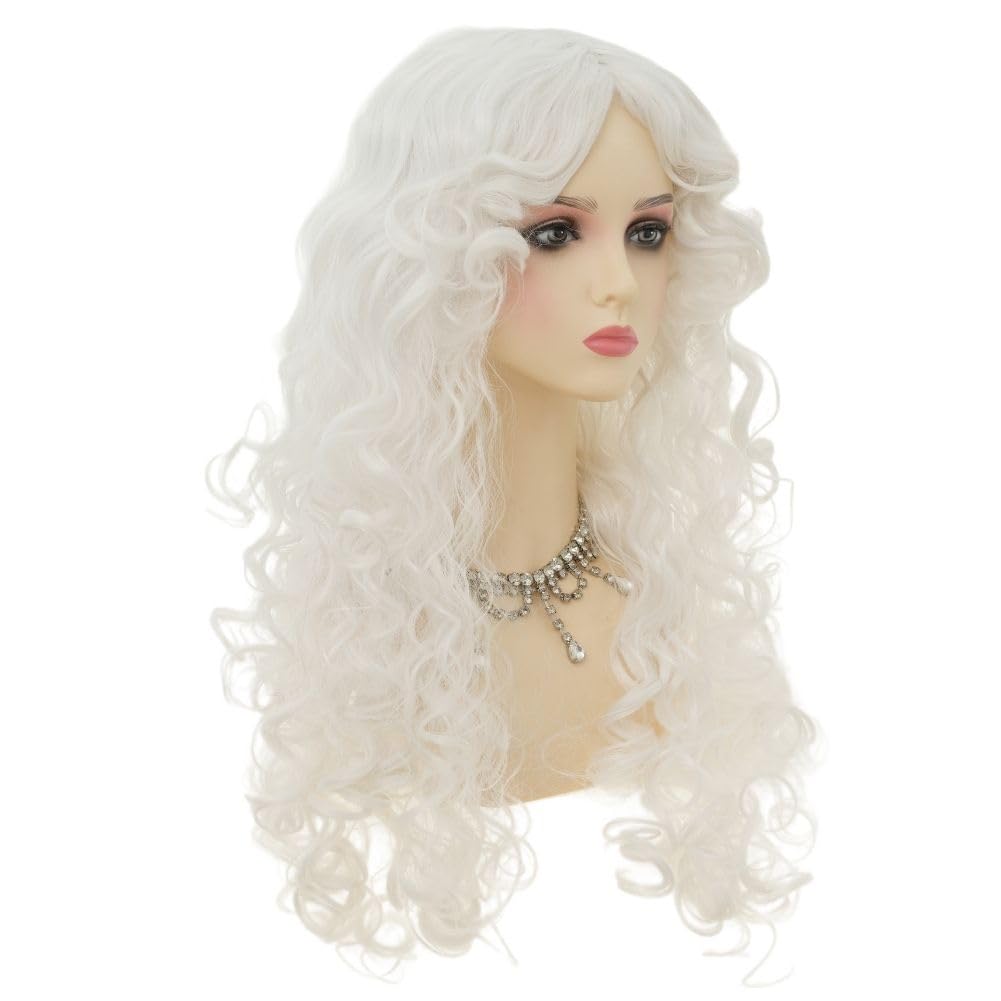 Siudus White Long Womens Curly Wig with Bangs Middle Part Wavy Wave Anime Hair Wig Synthetic Heat Resistant Fiber for Halloween Cosplay Use - Image 3