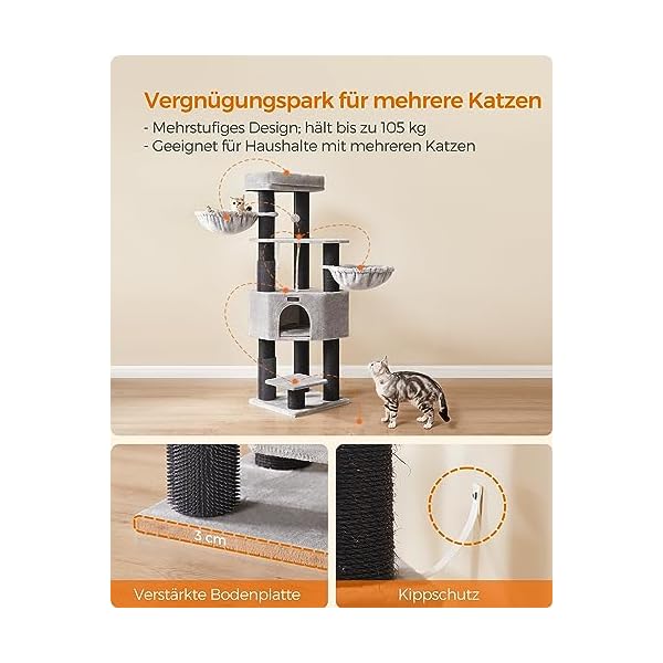 Feandrea Kratzbaum, mit selbsterwärmenden Decken, für große Katze, Katzenbaum, 2 Katzenbürsten, 9 Ø 11,1 cm Dicke Stämme, große Plattformen, Höhle, 50 x 50 x 160 cm, Taubengrau-schwarz PCT003W01 – Bild 8