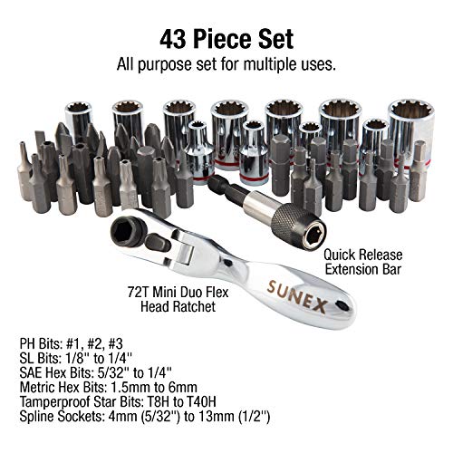 SUNEX TOOLS 9732 44Pc 1/4 Dr Mini Dual Flex Head RATCHET W Socket & Bit Set - image 2