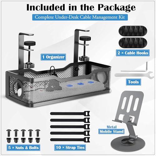 Image of MOREBLUE Under Desk Mesh Cable Organiser Rack with Mobile Stand, Metal Under Table Cable Management Tray for Power Wires & Cables Adjustable, 3in1 Cable Holder, 5 Velcro Strip, Allen Key & Screws