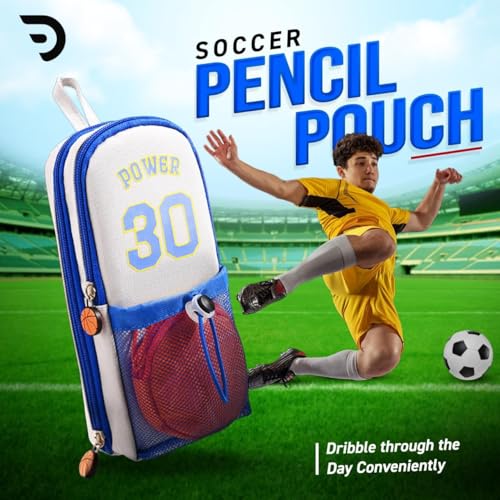 Image of DEOXY Polyester Large Capacity Pencil Pouch with 3 Zippers & 5 Compartments - Waterproof Standing Pencil Case with Metal Zipper + Football Charm & Coin Pouch (Idol),Blue