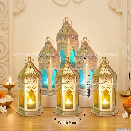Image of Moroccan Lanterns & Candle Holders for Home Decor - Unique Diwali & Christmas Gifts (Yellow - Blue, Set of 6)
