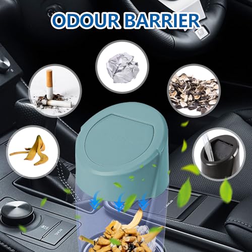Image of Hovom Mini Car Trash Can with Lid, Portable Garbage Can for Car, Leakproof Cup Holder Automotive Garbage Bin with 2 Rolls of Trash Bags, Small Trash Storage Can for Car Home Office(Dark Green)