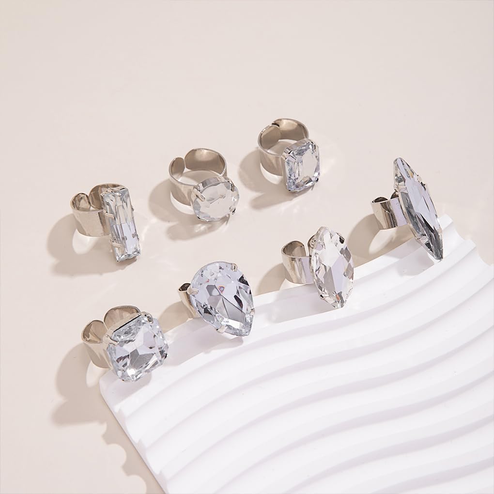 FUTIMELY 7Pcs Chunky Crystal Knuckle Rings Set,Sparkling Geometric Personalized Promise Midi Ring Set,Aesthetic Adjustable Waterdrop Round Rings for Women - Image 5