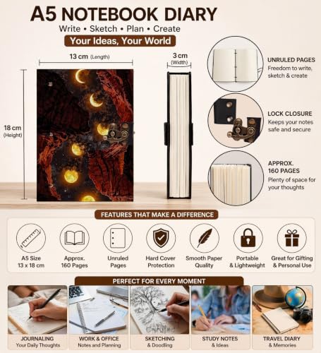 Image of Mountain Moon Face Diary Notebook 7x5 Inch 160 Pages Unruled Journal for Notes