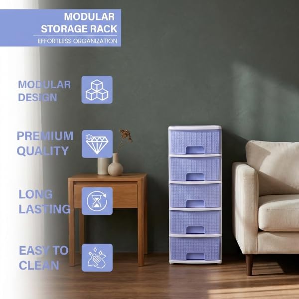 Image of Plastic Modular Drawer Storage Chest Of Drawers Organizer Storage Box, Large Stomo Racks For Multipurpose Anti-slip Shoes Organizers (Blue, 5 Layer)