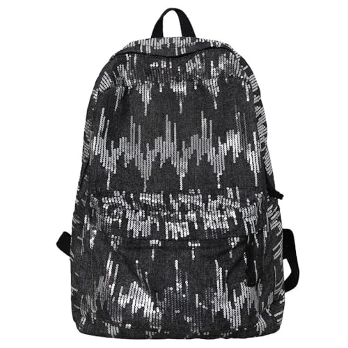 Y2k Backpack Women Sequin Denim Backpack Silver Bling Glitter Book Bags Mochilas Casual Daypack (Black)