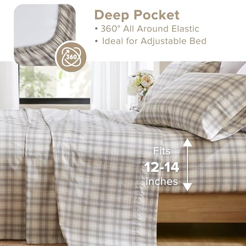 Comfort Spaces 100% Cotton Sheets Twin XL, Breathable, Naturally Cool Cotton Sheets, Soft Cotton Bed Sheets with 12" Elastic Pocket Fits up to 14" Mattress, All Seasons Sheet Set, Wesley Taupe 3 Piece