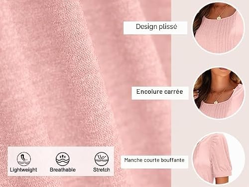WNEEDU Tee Shirt Femme col Carré Tunique Femme Été T-Shirt Manches Courtes Chemise Fluide Plissée Hauts Chic Élegant Ample Top Feuille Olivier L – vue 6