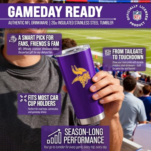 Image of Minnesota Vikings NFL 20oz Stainless Steel Insulated Tumbler, Slider Lid | Officially licensed Vikings drinkware; double-wall vacuum construction; cupholder compatible; BPA-free; hand wash only