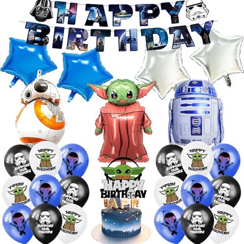 27PCS Star Party Balloons Cartoon Foil Balloons Wars Theme Birthday Party Decorations Set with Banner Cake Toppers Latex Balloons for Kids Boys Girls