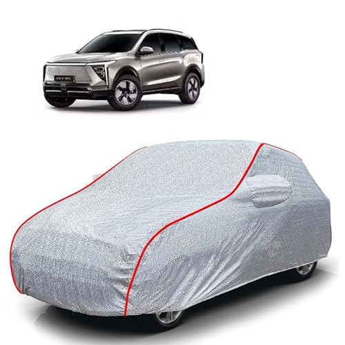 Image of Sulfar 100% Waterproof Car Body Cover Compatible with Mirror for Mahindra XEV 9S (Triple Stitched, Full Bottom Elastic, Magic Silver with Red Piping)
