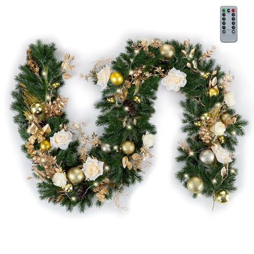 BLOSMON Christmas Garland with Lights for Decoration: 6ft Gold Lighted Garland for Mantle - Remote Timer 30 LEDs 8 Modes - Xmas Eucalyptus Ball Flower Garlands for Stairs Railing Table Outdoor Decor