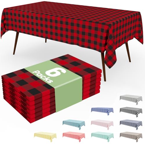 Smiry 6 Pack Gingham Disposable Table Cloth, 54 x 108 Inch Waterproof Plastic Tablecloth, Rectangle Black and Red Checkered Table Covers for Picnic, Birthday, Party