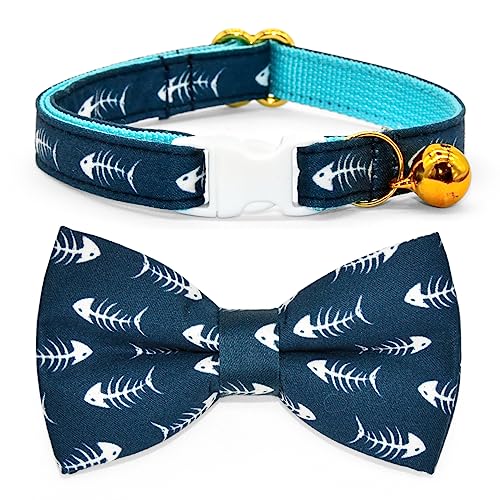 Fish Bone Cat Collar Bow Tie Breakaway Safety Collar Wedding/Birthday Cat Accessories Adjustable Bowtie Removable Jingle Bell