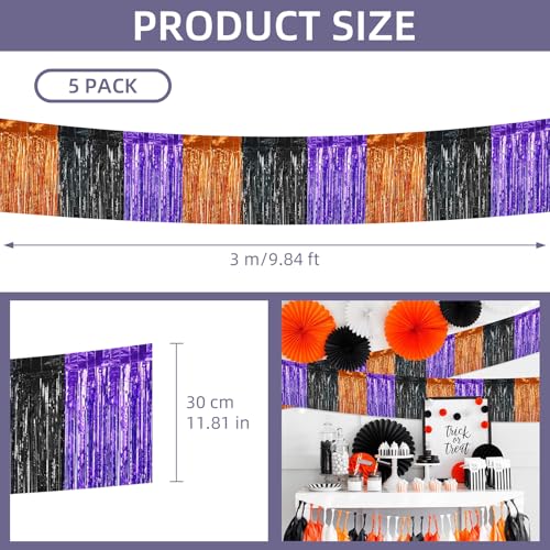 Image of Halloween Decorations - 5 Pack 10 Feet Orange Black Purple Foil Fringe Garland Tinsel Parade Float Fringe Hanging Backdrop Banner Table Skirts