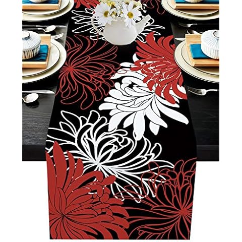 T&H XHome Durable Fabric Table Runner,Red Black White Abstract Floral Washable Linen Table Runners for Home/Kitchen/Dining Table/Indoor & Outdoor Decor 13x70Inches Cover