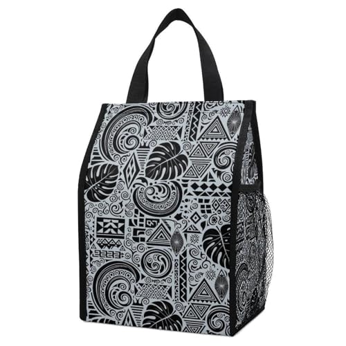 Anceky Bolsa térmica ligera para el almuerzo, con diseños de tatuajes polinesios Tapa en color azul, impermeable y plegable, con bolsillos de malla para aperitivos y bebidas.