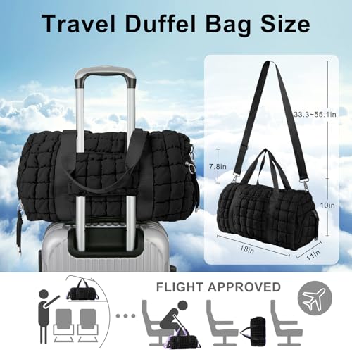 Quilted Travel Duffle Bag Gym Bag&Quilted Backpack Purse for Women,Large Puffer Duffle Weekender Bag Lightweight Puffer Puffy College Laptop Backpack with Compartment for Travel Gym Airplane(Black)2