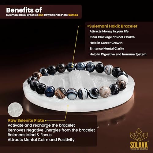 Image of SOLAVA Sulemani Hakik Bracelet Original Certified with Selenite Plate | Natural Sulemani Hakik Stone Crystal Bracelet for Men & Women | Protection, Grounding & Energy Cleansing