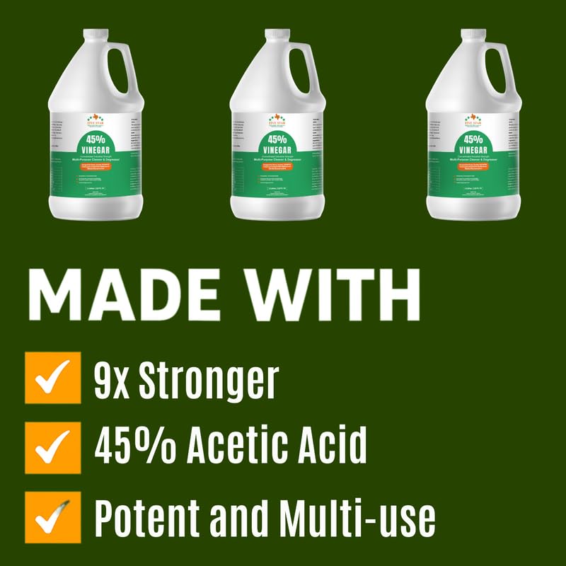 Image of FIVE STAR MATERIALS RESOURCES 45% Vinegar Concentrated | White Vinegar for Cleaning and Garden | Home, and Outdoor Pure | Max Performance 9X Power | with Instructions (4 Gallon (512 fl oz))