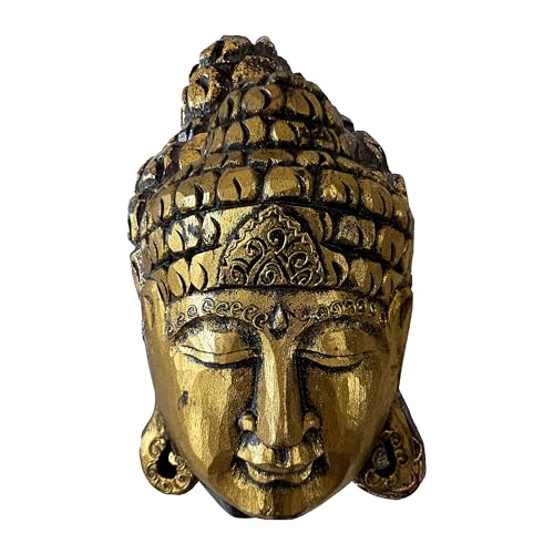 Keskin Buda, máscara de Buda, máscara de pared de madera de Buda, máscara de pared de madera, decoración de madera, hecha a mano (oro, 25 cm)