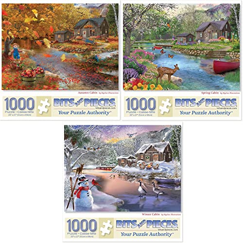 Image of Bits and Pieces - Value Set of Three (3) 1000 Piece Jigsaw Puzzles for Adults - Each Puzzle Measures 20 inch x 27 inch - 1000 pc Autumn, Spring, Winter Cabin Jigsaws by Artist Bigelow Illustrations